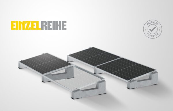 Modulare Konfiguration des Sun Ballast Monofila-Systems: robuste und vielseitige Halterung für Photovoltaikanlagen auf Flachdächern, ideal für hocheffiziente Solarprojekte.