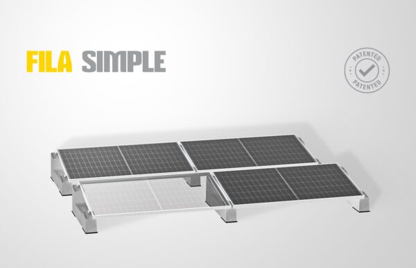 Soporte Sun Ballast Monofila para paneles fotovoltaicos: una estructura patentada diseñada para optimizar el espacio y mejorar la eficiencia de los sistemas solares en tejados planos.