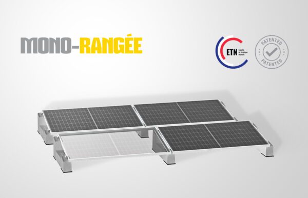 Support Sun Ballast Monofila pour panneaux photovoltaïques : une structure brevetée conçue pour optimiser l'espace et améliorer l'efficacité des systèmes solaires sur toits plats.